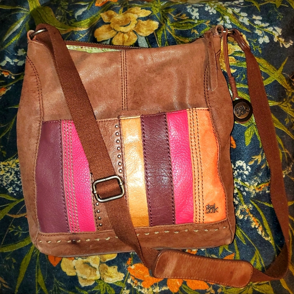 The Sak Brown Leather Crossbody with Pink, Orange, Burgundy & Tan Panels